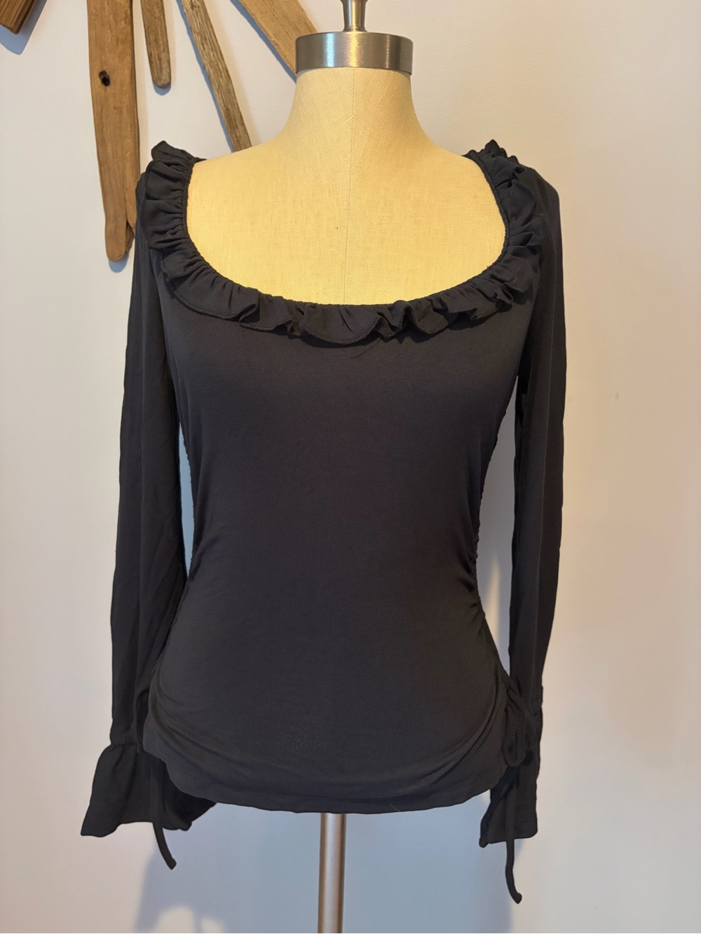 Maeve Black Ruched Ruffle Scoop Neck Long Sleeve Tee Size XS NWT